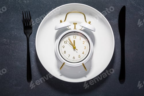 Preview: White plate and clock on a dark background with copy space.