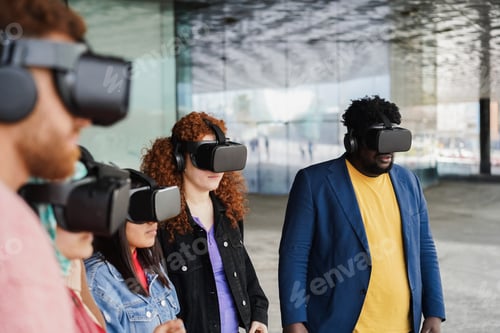 Preview: Young people wearing virtual headsets outdoor - Focus on african man glasses