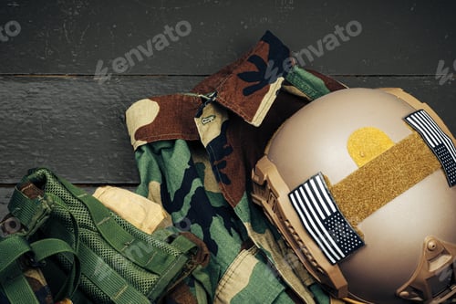 Preview: US military helmet on wooden background close up