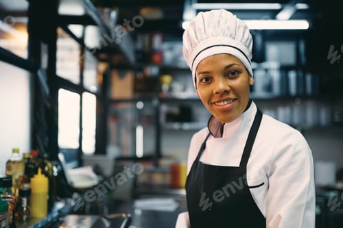 Preview: African American female chef working at restaurant and looking at camera.