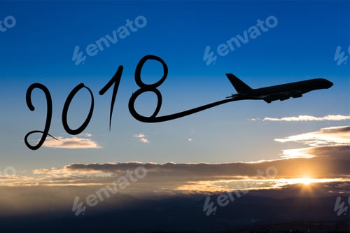 Preview: New Year 2018 Drawing By Airplane On The Air At Sunset