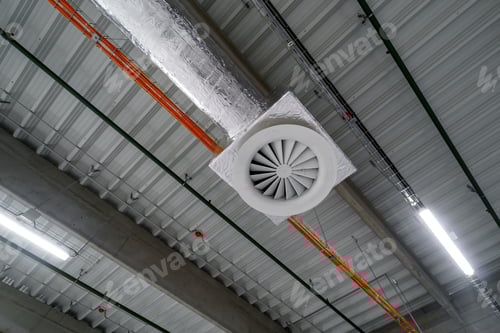 Preview: Air ventilation system on the ceiling in a large warehouse