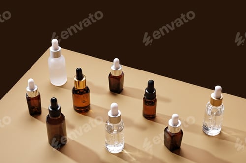 Preview: Beauty natural skincare products. Set of Serum or Collagen Dropper Bottles on geometric background.