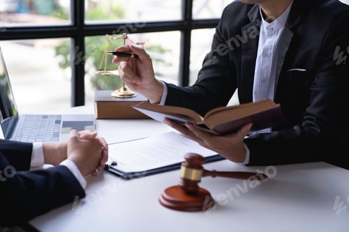 Preview: lawyer notary Male Notary lawyer or judge consult or discusses contract papers with Businessman clie