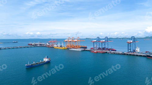 Preview: Crane loading box container to cargo ship at commercial dock port. Shipyard Cargo Container