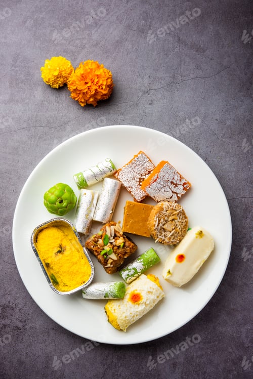 Preview: Indian assorted sweet mithai, barfi in a group