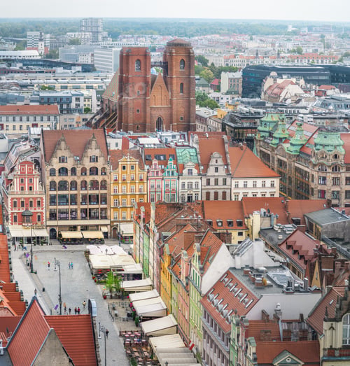 Preview: Aerial view of St Mary Magdalene Church and Market Square colorful buildings - Wroclaw, Poland