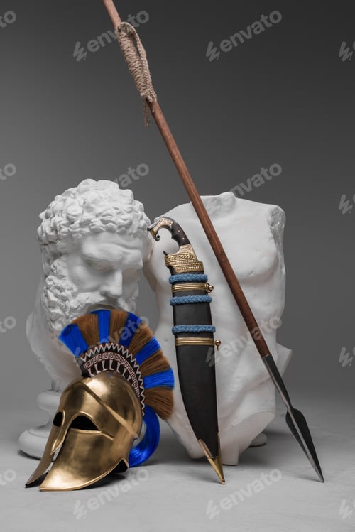 Preview: Weapons of greek soldier and marble bust with body