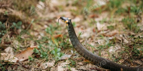 Preview: Grass Snake - Natrix Natrix- Adder Head Raising Defensiveness In Forest Early Spring.