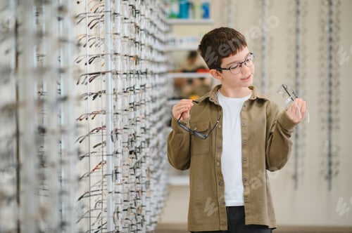 Preview: Boy choosing eyeglasses in optical store: vision care for children