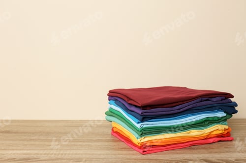 Preview: Stack of bright folded clothes on table against light background. Space for text
