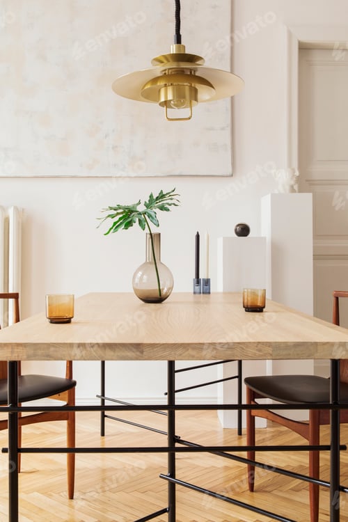 Preview: Stylish and modern dining room interior with design sharing table.