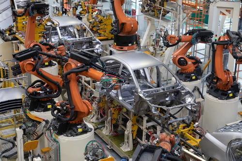 Preview: body of car on conveyor top view. Modern Assembly of cars at the plant. The automated build process