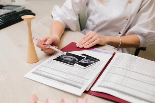 Preview: Gynecologist examines prenatal ultrasound to show embryo to patient