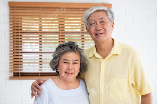 Preview: Asian senior couple embrace togerther and looking at camera