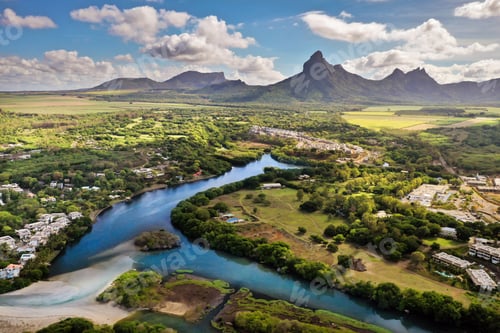 Preview: A river flowing into the ocean on the tropical island of Mauritius.Nature on the island of Mauritius