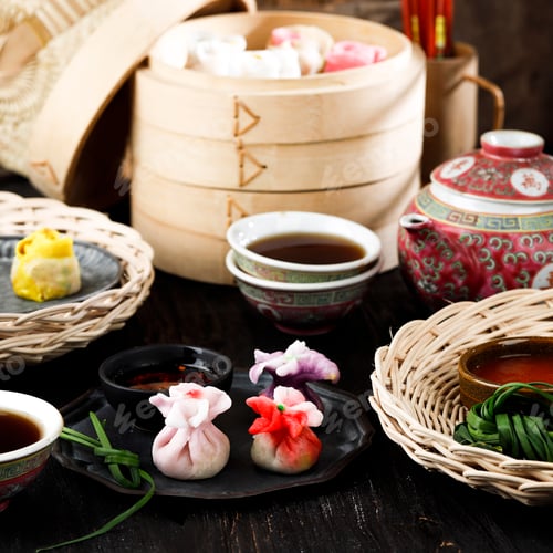 Preview: Chinese Dumpling, Beautiful Colorful Dim Sum on Bamboo Stemaer.