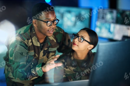 Preview: Night training, army and people with a computer for communication, planning strategy or surveillanc