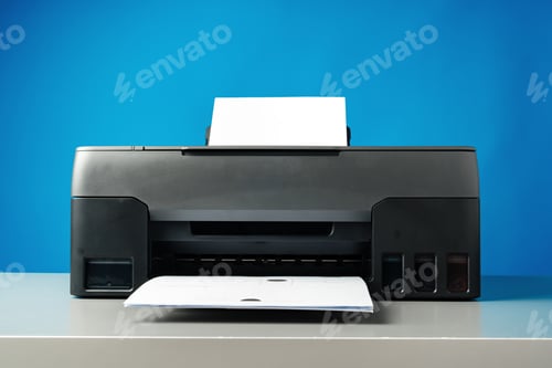 Preview: Laser printer on desk against blue background.