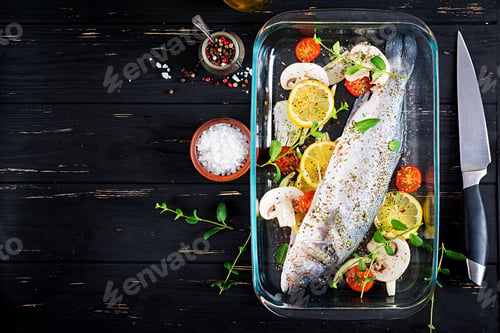 Preview: Raw fish. Sea bass on baking dish. Ingredients for cooking, grill, baked. Copy space. Top view