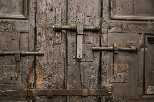 Preview: Aged, rusted metal doors with faded paint and multiple locks