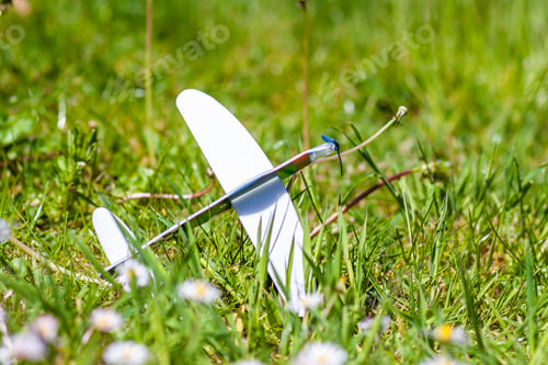 Preview: Closeup shot of a small plane toy on the ground covered in greenery under the sunlight