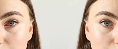 Preview: Before and after conjunctivitis treatment. Photos of woman with red and healthy eyes, collage
