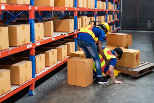 Preview: Warehouse factory worker helping to pick up colleague, Parcel box falls from the shelves