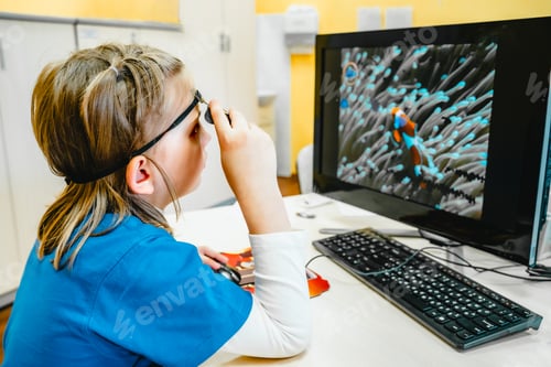 Preview: Little girl in medical office undergoing advanced laser vision treatment, correction for eyes