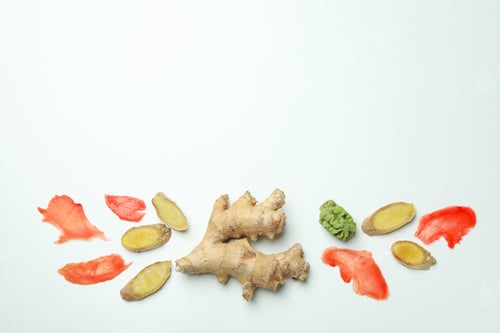 Preview: Pickled ginger, wasabi and ginger on white background