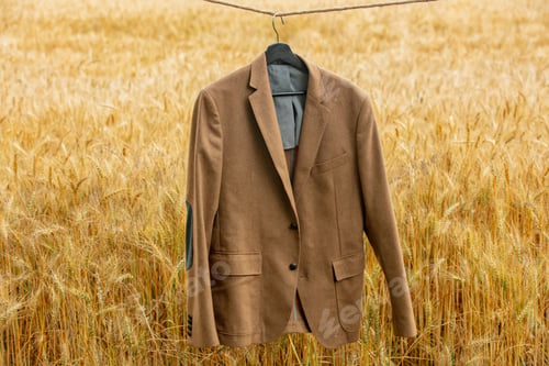 Preview: Brown blazer on rope in yellow wheat field
