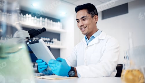 Preview: Happy, tablet or doctor in a laboratory with research results or positive feedback after medical da