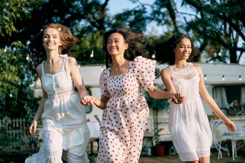 Preview: Happy multi ethnic women running and having fun together outdoors during a picnic.