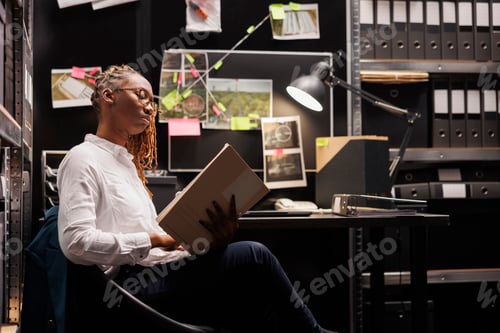 Preview: Woman detective analyzing evidence and reading crime case file