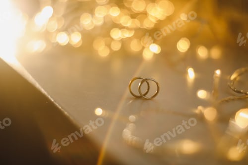 Preview: Wedding rings on blured bokeh glowing golden background. Symbol of love and romance on a textured