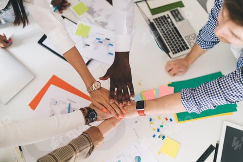 Preview: Crop businesspeople showing unity with stacking hands during project work