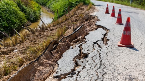Preview: Landslide caused by rains occurs broken road asphalt.