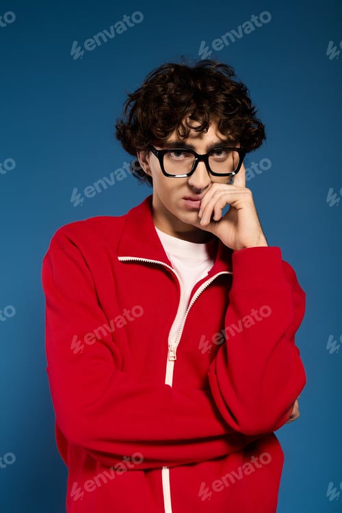 Preview: Stylish young man in casual attire poses thoughtfully against a vibrant blue backdrop