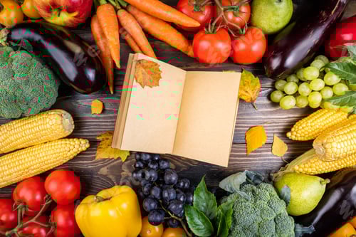 Preview: Autumn food background. Autumn fruits, vegetables, autumnal leaves and open book