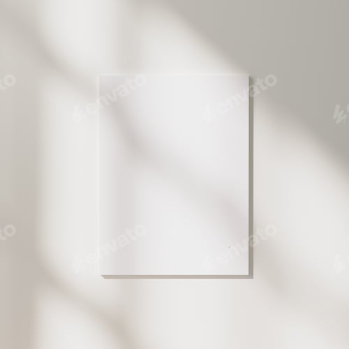 Preview: blank poster mock up with sunlight and window shadows on white wall background, 3d rendering