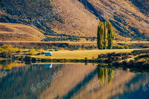 Preview: Lake Moke campsite, caravan reflections at dawn, Queenstown, South Island, New Zealand