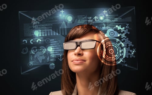 Preview: Young Woman Looking With Futuristic Smart High Tech Glasses Concept