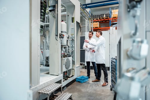 Preview: Two men wearing lab coats talking in factory