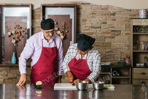 Preview: Chefs preparing ingredients during cooking course in restaurant kitchen