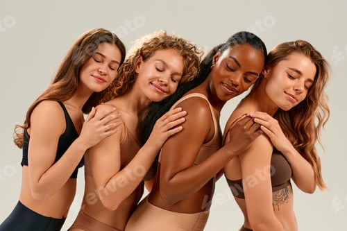 Preview: Diverse women embracing body positivity with closed eyes and peaceful smiles