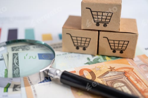 Preview: Shopping cart logo on box with magnifying glass on graph and Euro banknotes. Banking Account,