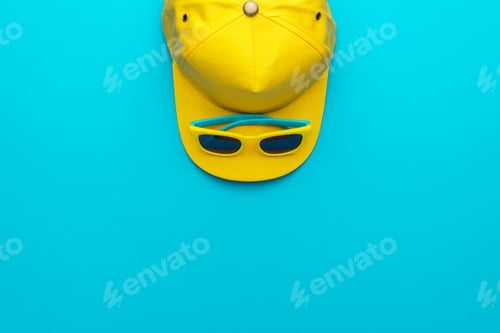 Preview: Yellow Baseball Cap And Sunglasses On Blue Background With Copy Space