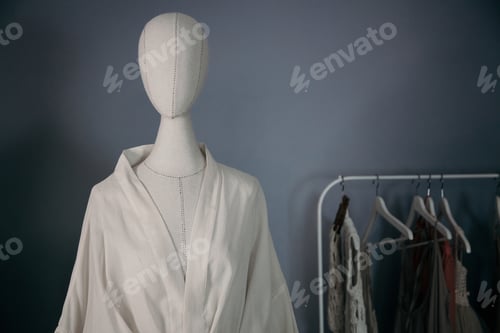 Preview: Tailor dummy in the tailor shop with dresses in the background. Hobby concept. Sewing concept.