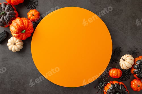 Preview: Craft eerie Halloween greetings. Top view snapshot of themed arrangement - pumpkins, spiders