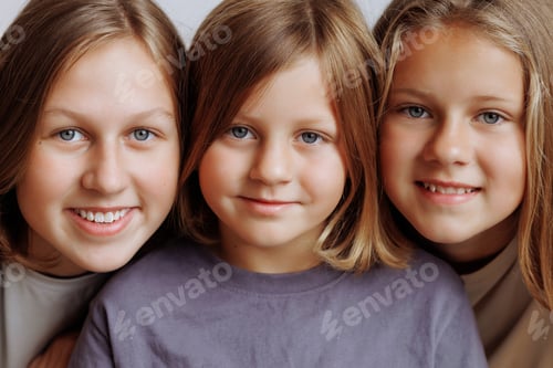 Preview: Faces of three girls in a row in casual clothes